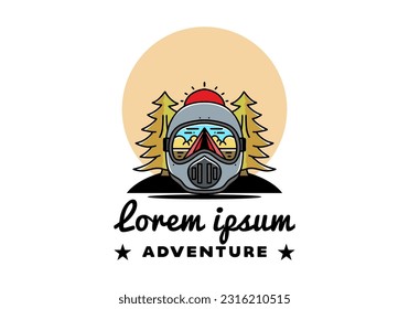 Illustration of a trail helmet with a pine tree beside and big sun