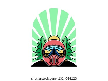 Illustration of a trail helmet with a pine tree beside and big sun