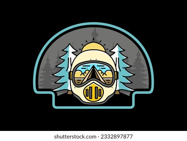 Illustration of a trail helmet with a pine tree beside and big sun