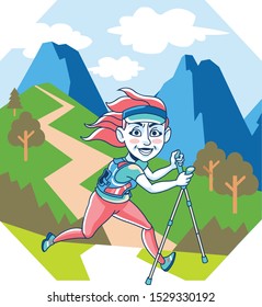Illustration of Trail Runner Athlete Posing with Mountain in the Background