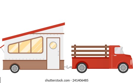 Illustration of a Trailer Home Being Pulled by a Pick Up Truck