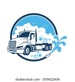 illustration of a trailer truck being washed, ico for truck wash service.