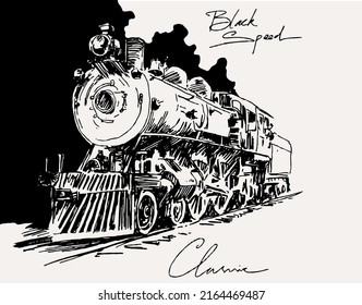 ilustración de un tren con tinta negra en papel blanco para afiches y postales. Motor industrial de boceto de trenes de vapor de arte europeo. imagen de lápiz para mostrar.