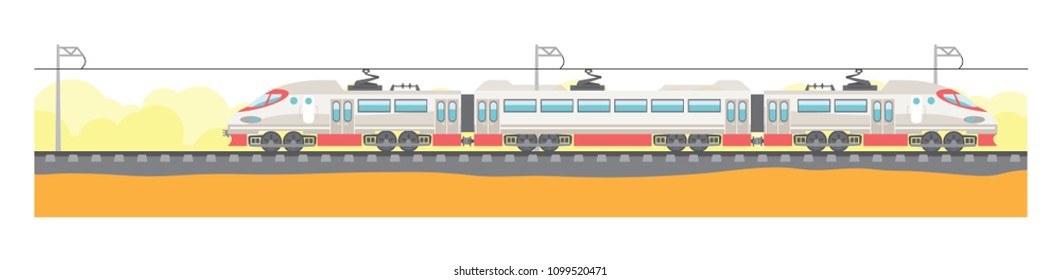 Illustration of train composition. Several wagons connected to the train. Illustration of transportation of cargo and travel by train. Flat bright design.