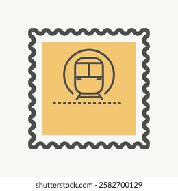 Illustration of a train icon on a postage stamp. The train is centered, with a simple design. The stamp features a wavy border and a yellow background. Travel element vector illustration.