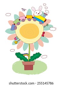 Illustration of train on the top of a flower.