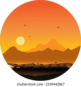 illustration of a train passing by at dusk in summer