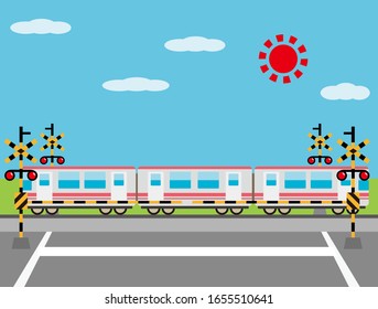 Illustration of a train passing a railroad crossing　