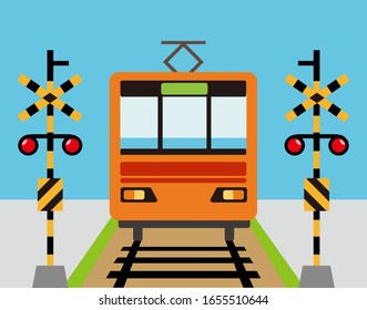 Illustration of a train passing a railroad crossing　