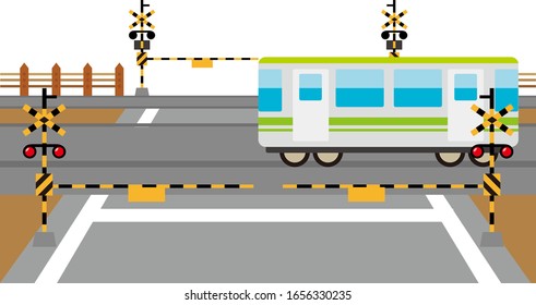 Illustration of a train passing a railroad crossing　