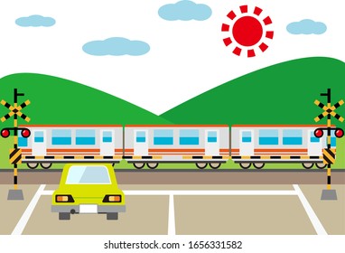 Illustration of a train passing a railroad crossing .   Car stopping at railroad crossing　