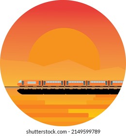 illustration of a train running at dusk in summer