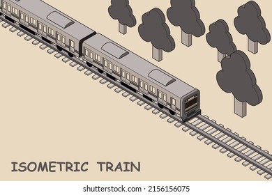Illustration of a train with a sepia color scheme running on a railroad track. Copyspace is available. Isometric style illustration. Concept of tourism.