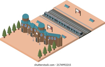 Illustration of a train stopping at a station platform with a retro station building. Isometric material without main lines. Travel and sightseeing concept.