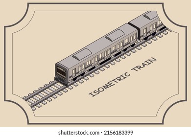 Illustration Of A Train In A Subdued Sepia Color Scheme Running Along A Railroad Track In A Frame. Copyspace Available. Isometric Illustration. Sightseeing Concept.