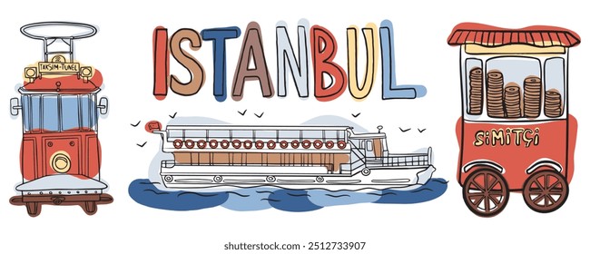 Ilustração do bonde de Istambul, balsa e carro de simit. Ótimo para blogs de viagem que destacam a comida de rua turca, locais emblemáticos e transporte local.