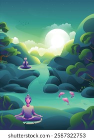 Illustration of a tranquil meditation scene by a river, featuring two individuals practicing yoga and a serene natural landscape.