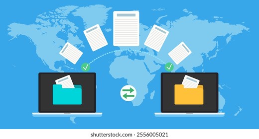 Illustration of transferring data and files from one computer to another around the world. The concept of technology and digital technology
