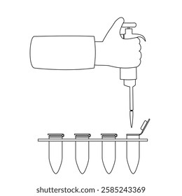 illustration of transferring liquid to a microtube using micropipette in outline style. hold micropipette. laboratory equipment 
