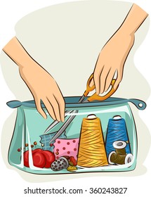 Illustration of a Transparent Bag Filled with Sewing Materials