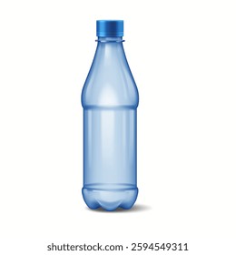 Illustration of a transparent blue plastic bottle with a blue screw cap. The bottle is empty and standing upright on a white background, highlighting its simple design and functionality.