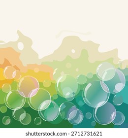 Illustration of transparent bubbles floating over a background with gradient of green, yellow, and orange colors. The abstract design conveys a sense of whimsy.