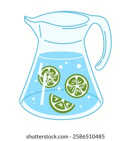 Illustration of a transparent glass jug filled with fresh water, green lime slices, and a straw, perfect for healthy and refreshing drinks.