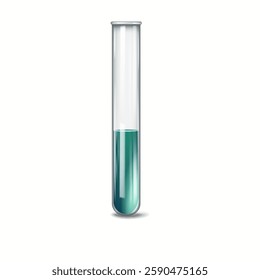 Illustration of a transparent laboratory test tube containing green liquid placed upright on a plain white background, symbolizing scientific experiments and research.