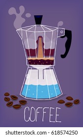 Illustration with transparent metal italian coffee maker showing the stages of the process of making moka coffee. Vector illustration