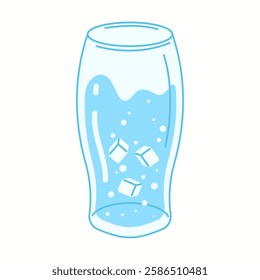 Illustration of a transparent tall glass filled with fresh drinking water and floating ice cubes, representing cooling hydration.