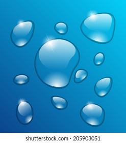 Illustration transparent water drops on blue background - vector