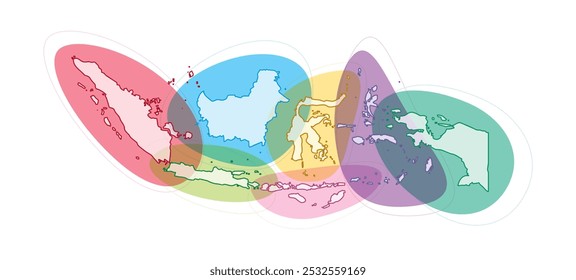 Illustration of a transparent white map of Indonesia with an outline in front of a colorful transparent ellipse