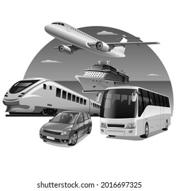 Illustration of the transport for travel, airplane, bus, train, car and cruiser