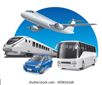 Illustration Of Transport For Travel, Car, Train, Bus And Airplane