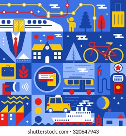 Illustration of transportation concept with many elements