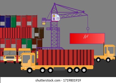 Illustration of transportation with a crane, cargo container, trailer that is carrying goods.
The handling of large quantities of goods