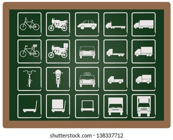 illustration of transportation icon concept design element collection set written on blackboard background vector, eps10