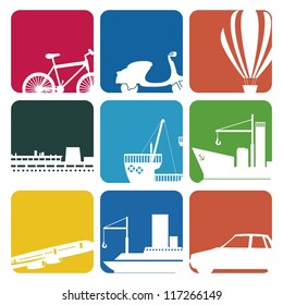 Illustration of transportation icons colors boxes, vector illustration