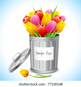 illustration of trash bin filled with tulip flower