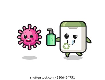 ilustración de basurero puede caracter persiguiendo virus malvados con sanitizador de manos , diseño de estilo lindo para camiseta, pegatina, elemento logo