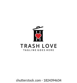 Illustration trash can with heart sign silhouette logo template