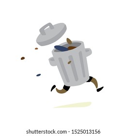 Illustration of a trash can. Vector. Trash runs to the rescue. Character for stickers and garbage cleaners.