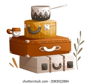 Illustration of travel accessories. Suitcases, mug, saucepan.