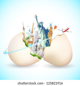 illustration of travel background with statue of liberty, eiffel tower and airplane coming out from broken egg