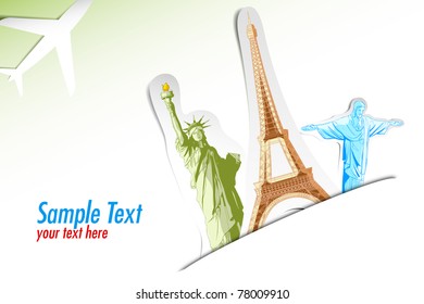 illustration of travel background with statue of liberty, eiffel tower and airplane svg
