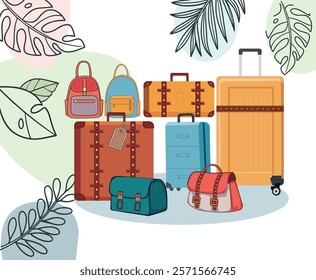  Illustration of Travel bags set. Vacation and holidays travelling concept. Family traveling suitcases, cabin luggage and check in baggage In Flat Style.