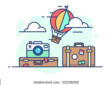 illustration of travel. Balloon in the clouds, suitcase with things and a camera on white background in flat style