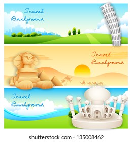 illustration of of travel banner with world famous monument