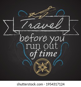 Illustration of travel before you run out of time with airplane icon on black background. travel and holiday concept digitally generated image.