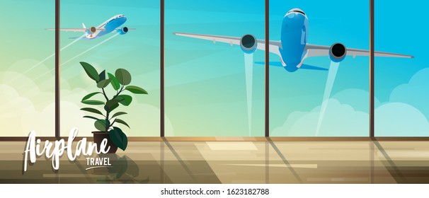 Illustration for travel by airplanes. View from the terminal to take off planes